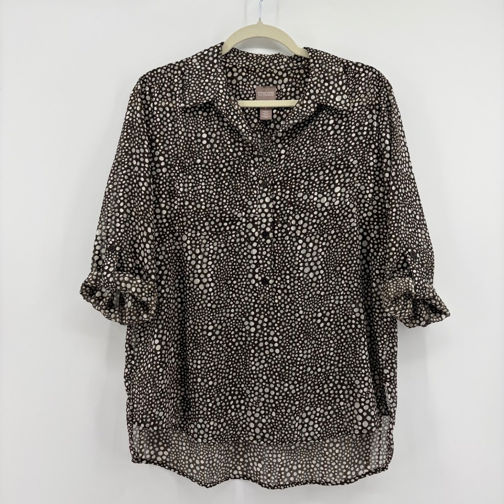 Chico's Blouse Brown Women Size Medium Pebble Dot 3/4 Roll Tab Sleeve Sheer
